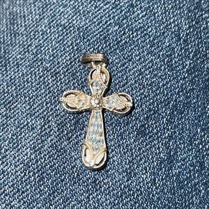 Silver-Tone Miniature Mosaic Filigree Cross Pendant Necklace